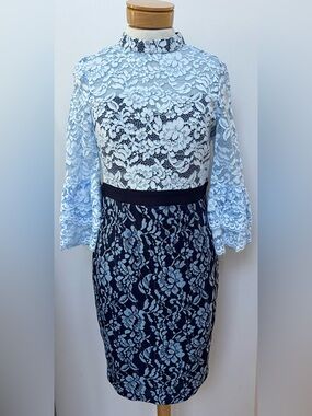 Paper Dolls London Blue Lace Midi Dress Bell Sleeve Mock Neck US 8